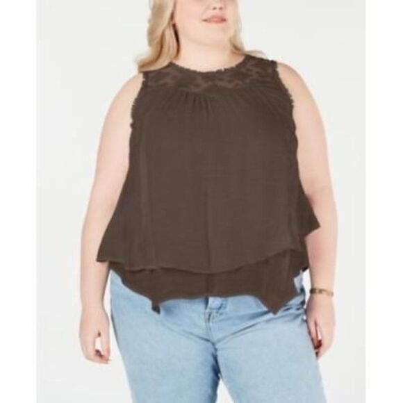 Size 1X Style & Co Plus Size Lace-Yoke Crochet-Trim Tiered Top - Picture 1 of 1